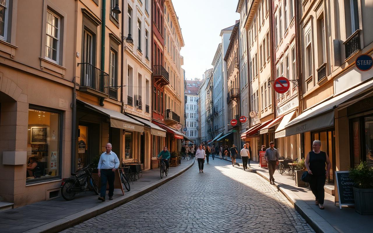 Sunlit walkable neighborhood street with cafes and people walking